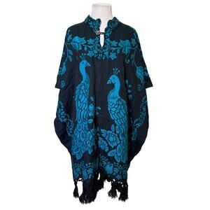 Black Turquoise Peacock Woven Poncho Cape Fringe Boho Mexican Style